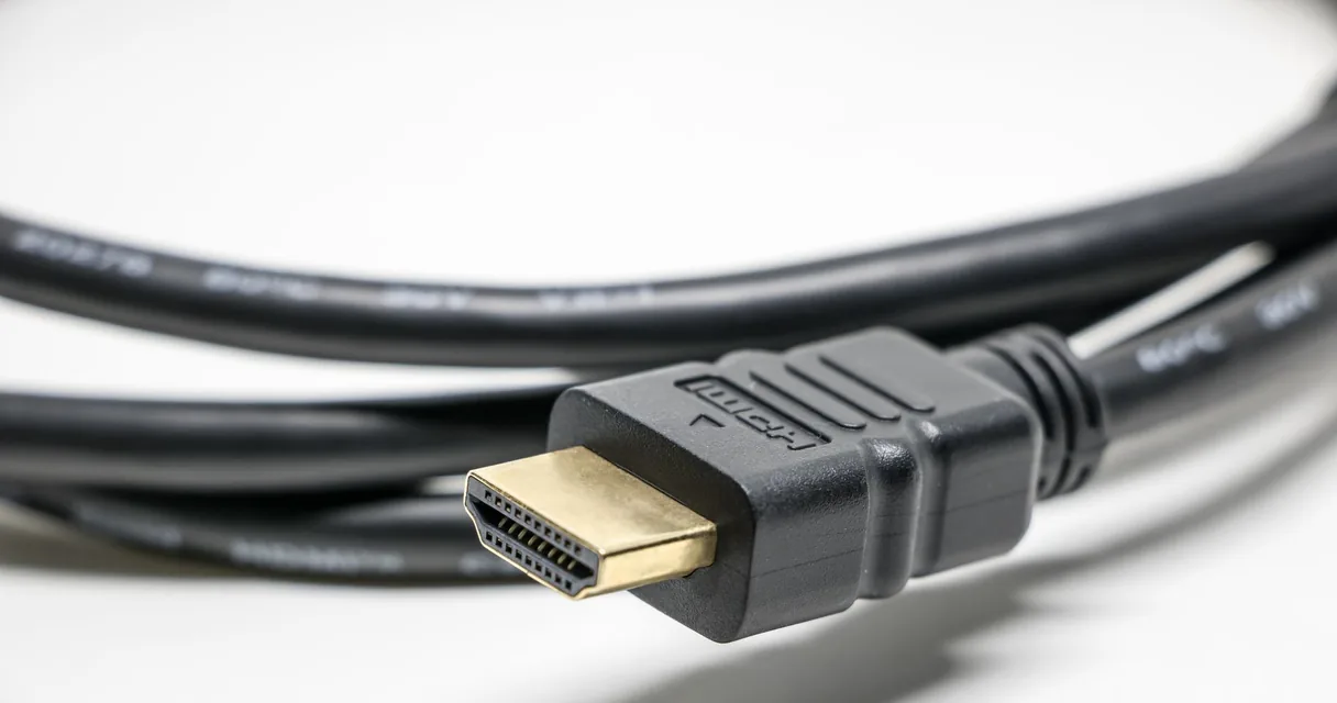 Cabo HDMI preto com conector dourado sobre fundo branco, ilustrando o IPTV no Chromecast